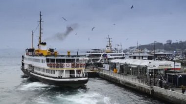 Büyük bir gemi ve bir sürü kişi ile iskelede martı