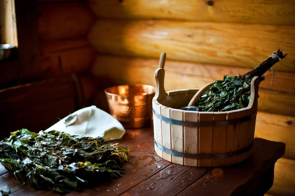 Water treatments in a wooden house. Stock Image