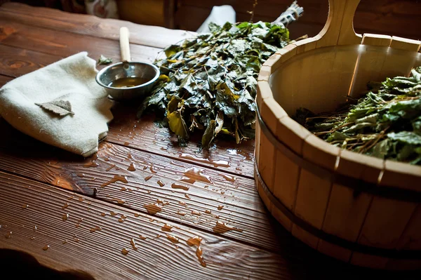 Water treatments in a wooden house. Stock Picture