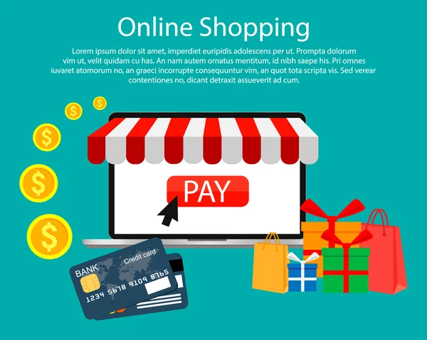 Comercio electrónico, pago y concepto de compras en línea. Lugar para el texto. Ilustración vectorial . — Vector de stock