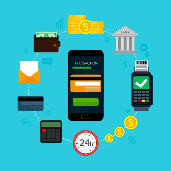 Mobile Banking Och Mobile Payments Koncept Pengatransaktion Finans Affärsikoner Vektorillustration — Stock vektor