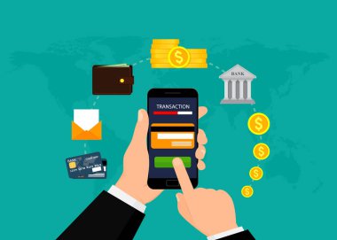 Para transferi, iş, mobil bankacılık ve cep telefonu ödemeleri. Vektör çizimi. Düz dizayn. EPS10.