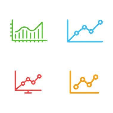 Temiz beyaz arkaplandaki veri eğilimlerini gösteren renkli çizgi grafik simgeleri