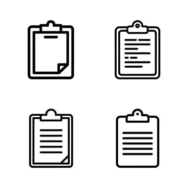 Beyaz arkaplanda kağıt notları olan dört basit siyah ana hatlı pano simgesi