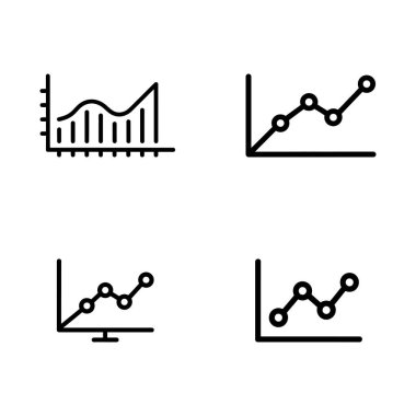 Beyaz arkaplanda farklı veri görselleştirme yöntemlerini gösteren siyah çizgi grafik simgesi seti