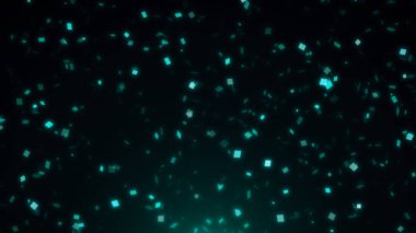 Siyah arka planda koyu yeşil konfeti. Parçacıklar ışıldıyor ve ışınlarla parıldıyor. Tatil, doğum günü, düğün, parti, yeni yıl için şenlik arka planı.