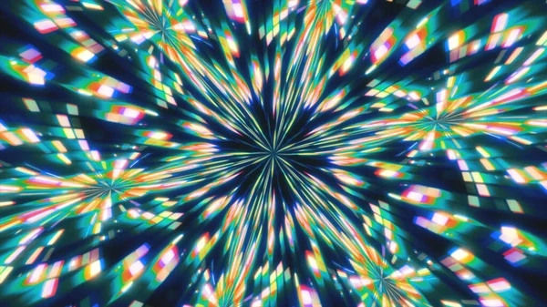 Renkli ışıklar ve çiçek motifleriyle canlı, simetrik bir kaleydoskop deseni. Büyüleyici ve canlı görsel sanat.