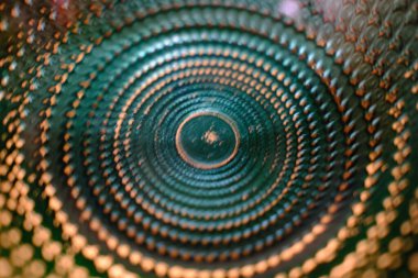 Looking inside a teal plate, concentric circles create visual depth and pattern.