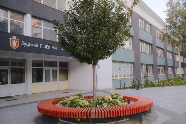 Lutsk Lyceum 'un girişinde bir ağaç duruyor. 4 Lutsk, Ukrayna.