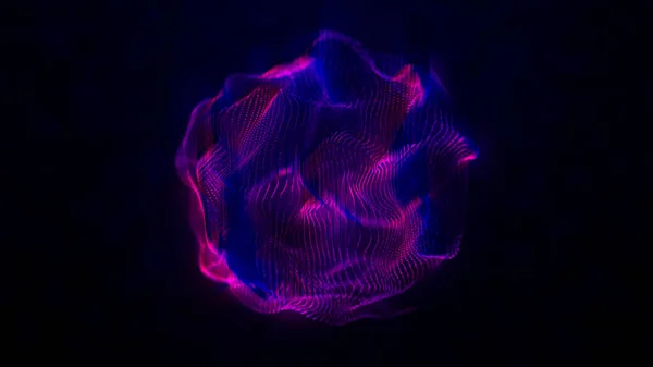 Karanlık bir arka planda parlayan koyu pembe ve mavi parçacıklardan oluşan soyut yuvarlak bir küre. Enerji topu. 3d özet resim oluştur.