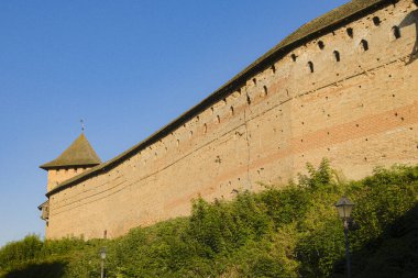Eski Lutsk Yüksek Şatosu 'nun yüksek tuğla duvarı yeşil ağaçların üzerinde yükseliyor..