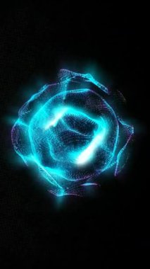 Parlak mavi ışık, karanlık bir arkaplandaki parçacıkların soyut dijital küresinden yayılır. Telefonlar için dikey duvar kağıtları.