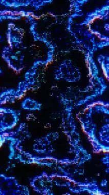 Işıldayan, parlak ışık kıvrımları, koyu renkli şekillerin etrafında mavi ve mor tonlarda parlıyor. Telefonlar için dikey duvar kağıtları.