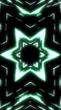 Canlandırılmış geometrik şekiller tekrar eder ve yeşil ışıkla parlayan bir kaleydoskop deseni oluşturur. Dikey hareket grafikleri.