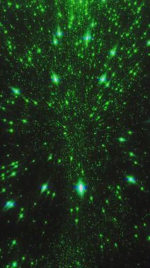 Yeşil parçacıklar hızla merkezi bir noktaya hareket ederek bir yıldız alanı illüzyonu yaratıyor..