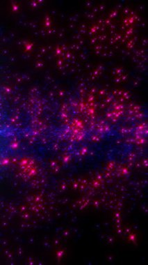 Pembe yıldızlar parlıyor ve mor bir bulutsu alanı sürükleniyor ve parıldıyor..