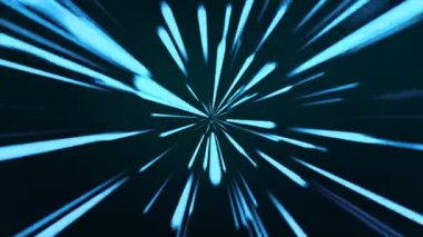 Parlak mavi çizgiler tek bir noktadan izleyiciye doğru uçar. Soyut, dijital canlandırma.