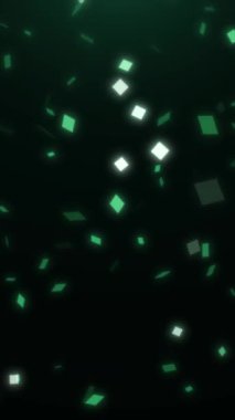 Yeşil kare şekiller koyu bir arkaplanda hareket eder. Soyut, canlandırılmış grafikler.