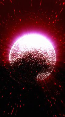 Parlak bir küre, dışarıya doğru hareket eden kırmızı parçacıklarla çevrili karanlık bir uzayda titreşir..