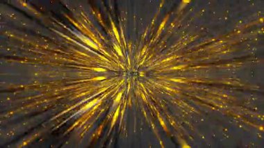 Dinamik altın parçacıklar ve ışık çizgileri merkezi bir odak noktasından koyu gri renge doğru patlıyor..
