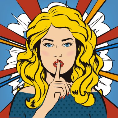 Kadının dudakları oldukça susturmak için onu işaret parmağı koyarak pin. Pop sanat çizgi roman tarzı. Vektör çizim. Pop art kız shhh diyor
