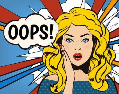 Ayy kadın! Oops yüz. Sürpriz kadın. Pop art kız. Ooops duygu. Komik kadın. Oops konsept illüstrasyon. Açık ağız şok kadınla. Sürpriz yüz. Panik stres komik kız. Ayy konuşma balonu.