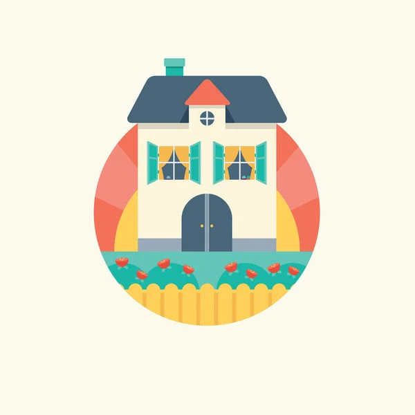 Maison plate douce multicolore avec jardin et paysage. Icône maison plate . — Image vectorielle