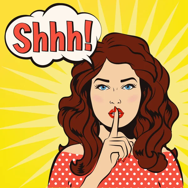 Shh mujer. ¡La mujer dice Shh! La chica pide silencio. ¡Es un secreto! Mujer poniendo su dedo índice en sus labios para guardar silencio. Arte pop estilo cómics. Ilustración vectorial. La chica dice shhh . — Vector de stock