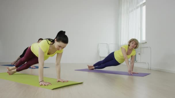 Grupo de mujeres jóvenes están practicando la pose de tablón lateral — Vídeo de stock