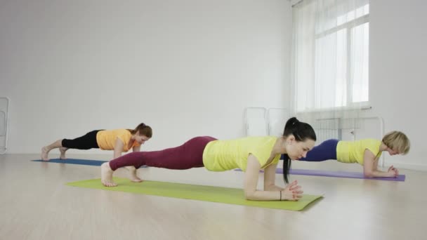 Grupp unga kvinnor tränar planka Posen — Stockvideo