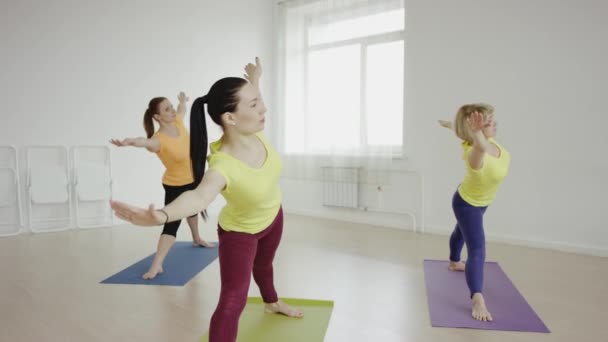 适合在一起在工作室在健身房里做瑜伽的妇女 — 图库视频影像