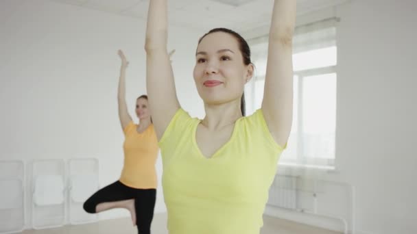 Grupa kobiet w klasie jogi ćwiczących zdrowy tryb życia w studiu fitness — Wideo stockowe