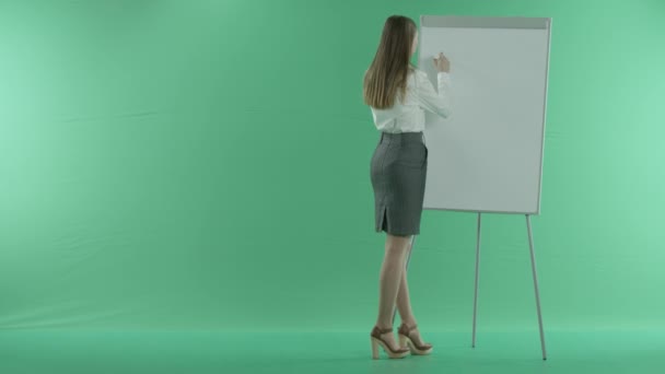 Mulher de negócios escreve em um quadro branco mau trabalho em uma tela verde — Vídeo de Stock
