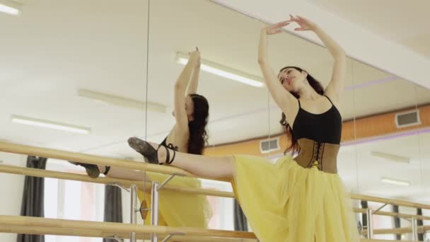 Mädchen posiert auf einem Bein beim Ballett barre — Stockvideo