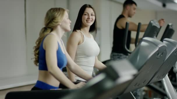 Sonriendo Las mujeres bonitas caminando en la cinta de correr hablando — Vídeos de Stock