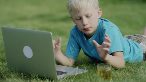 Niño usando ordenador portátil en el prado — Vídeos de Stock