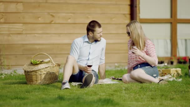 Familjens picknick med vin — Stockvideo