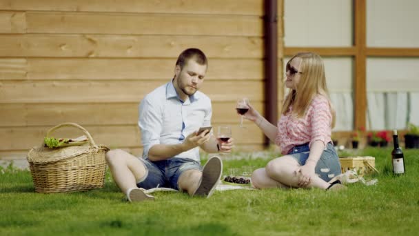 Selfie with a glasses of wine — Stock Video