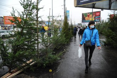 Lviv, Ukrayna, 23 Aralık 2020. İnsanlar Lviv 'deki Noel ağacı pazarında Noel ağacı satıyor..