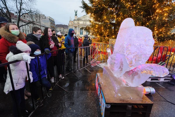 Lviv Ucrânia Janeiro 2021 Exposição Esculturas Gelo Feitas Pelos Artistas — Fotografia de Stock