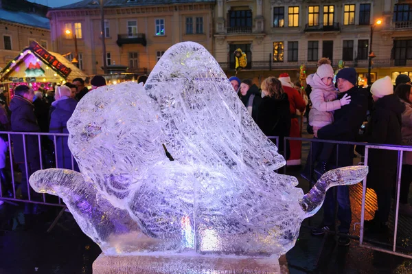 Lviv Ucrânia Janeiro 2021 Exposição Esculturas Gelo Feitas Pelos Artistas — Fotografia de Stock