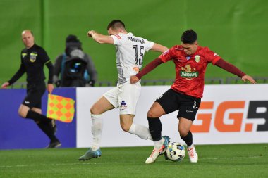 Zhytomyr, Ukrayna 13 Aralık 2025. Karpaty 'den Igor Neves, Polissya' dan Bogdan Mykhaylichenko 'ya karşı FC Polissya Zhytomyr ve FC Karpaty Lviv arasındaki Ukrayna Premier Ligi karşılaşmasında