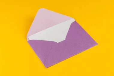 Parlak sarı arka plan pembe ve mor desenli renkli bir zarfı vurguluyor. Bu eşsiz zarf her mektuba ya da tebrik kartına cazibe katar..