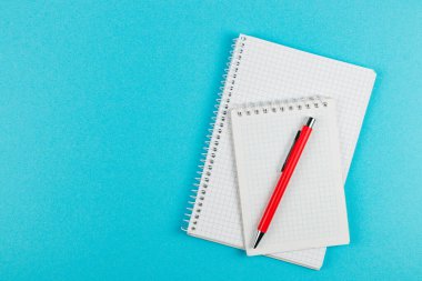 İki spiral defter ve bir kırmızı kalem açık mavi bir yüzeye yerleştiriliyor ve ev ödevi veya yaratıcı beyin fırtınası aktiviteleri için davet edici bir ortam yaratıyor..