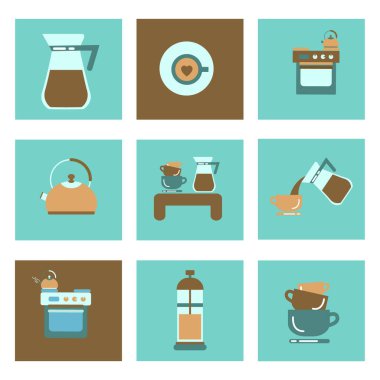 Montaj yassı simgeleri kahve fincanı. Vektör simgesi ayarlandı