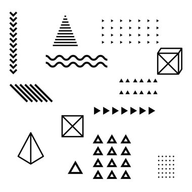 Vektör geometrik şekiller kümesi. Eşsiz tasarımınız için modaya uygun grafik ögeleri.