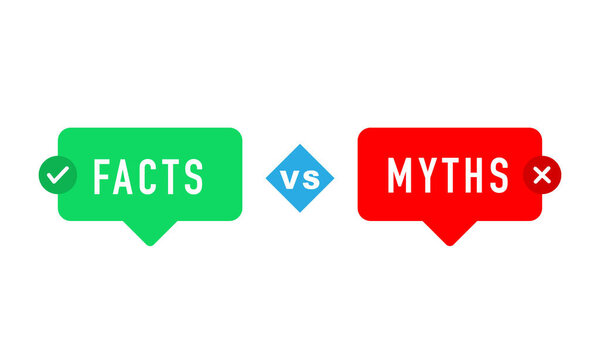 green and red bubbles with myths vs facts. concept of thorough fact-checking or easy compare evidence. flat cartoon style trend modern logotype graphic art design isolated on white background