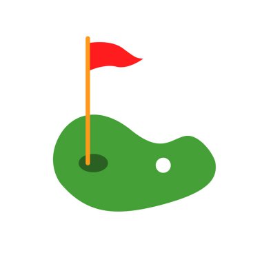 Spor uygulamaları ve web siteleri için bayrak ya da bayrak direği ve golf topu düz vektör renk ikonu içeren golf sahası yeşili. Vektör
