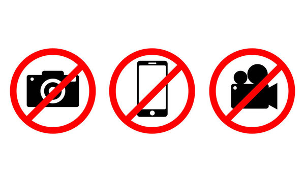 Prohibition sign no camera, no mobile phone and no video recording signboard vector illustration on white background.