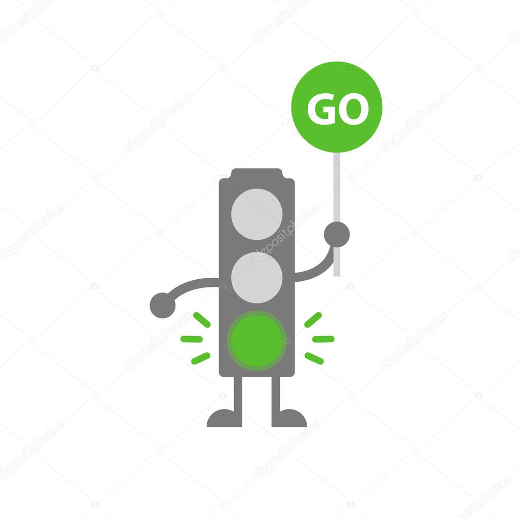mascot of traffic lights with hands and feet, with green lights. Vector EPS 10